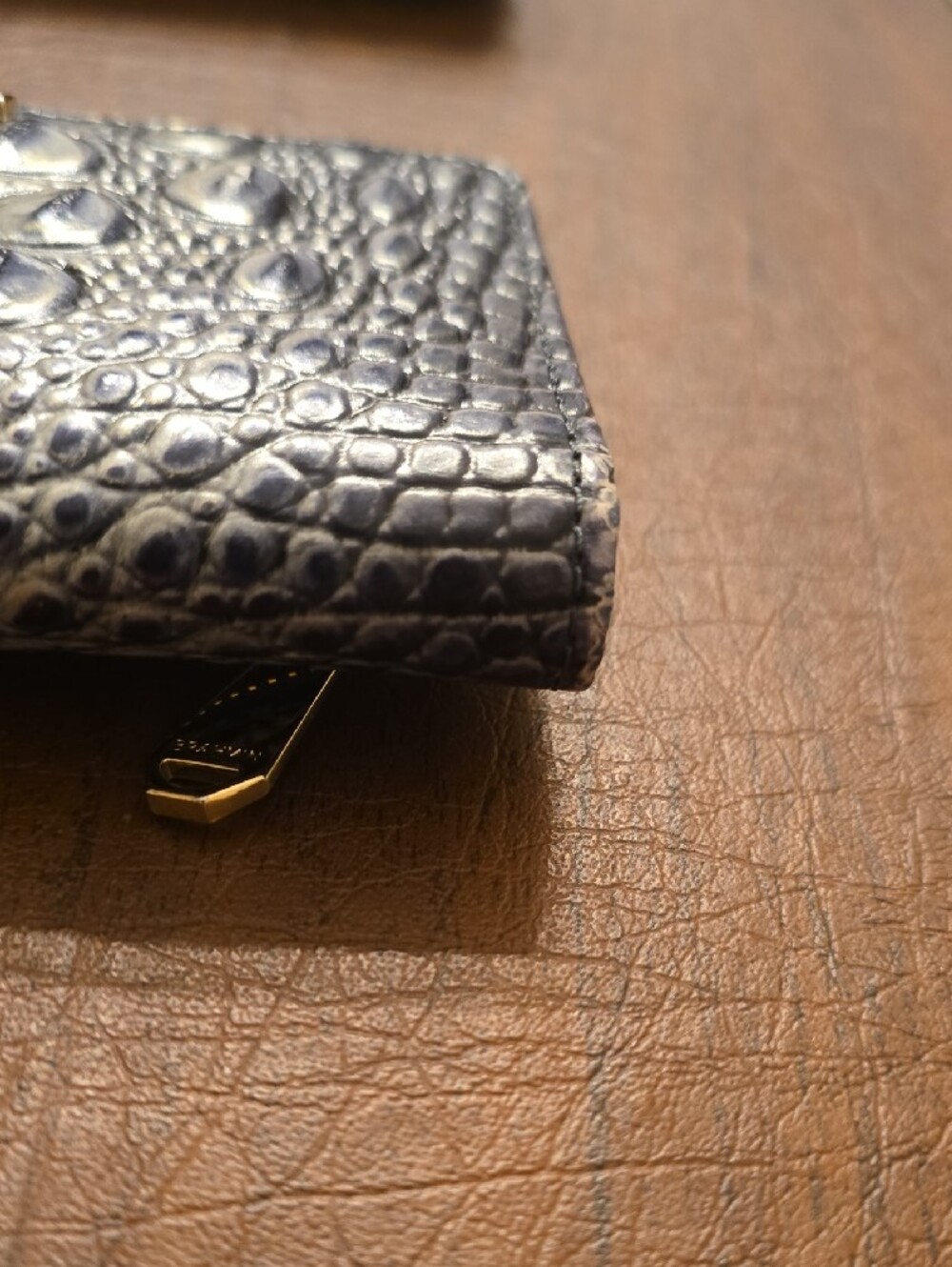 Brahmin Metallic Gray And Blue Croc-Embossed Wallet with Gold Plate - Picture 5 of 16